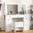 Real Relax Vanity Desk Large Mirror with 12 LED Adjustable Lights, Storage Bench, Spacious Tabletop with Charging Outlet, Many Storage Drawers and Cabinets, for Dressing Room, Bedroom, White