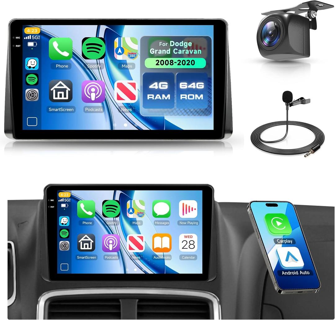 4+64G Android Car Radio for Dodge Grand Caravan 2008-2020 Chrysler Town & Country 2011-2016 Wireless Carplay Android Auto, 9 Touch Screen Head Unit WiFi GPS Bluetooth FM/RDS DSP Backup Camera SWC