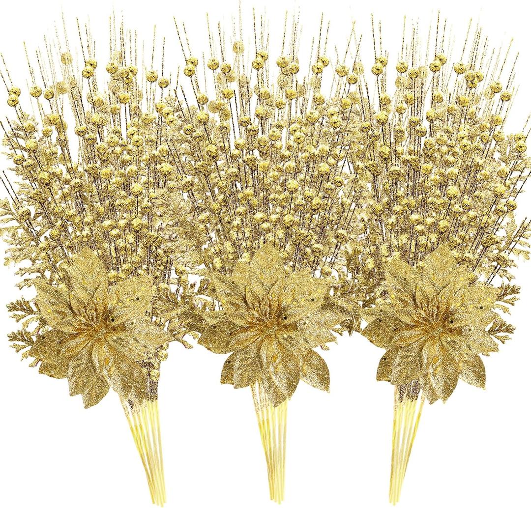 18 Pack Christmas Tree Ornaments Set, 17.5 Inch Gold Fake Christmas Picks Decorations with 2 Styles, Artificial Glitter Berry Stem Ornaments for Christmas Tree Wedding Small Vase Wreath Decor