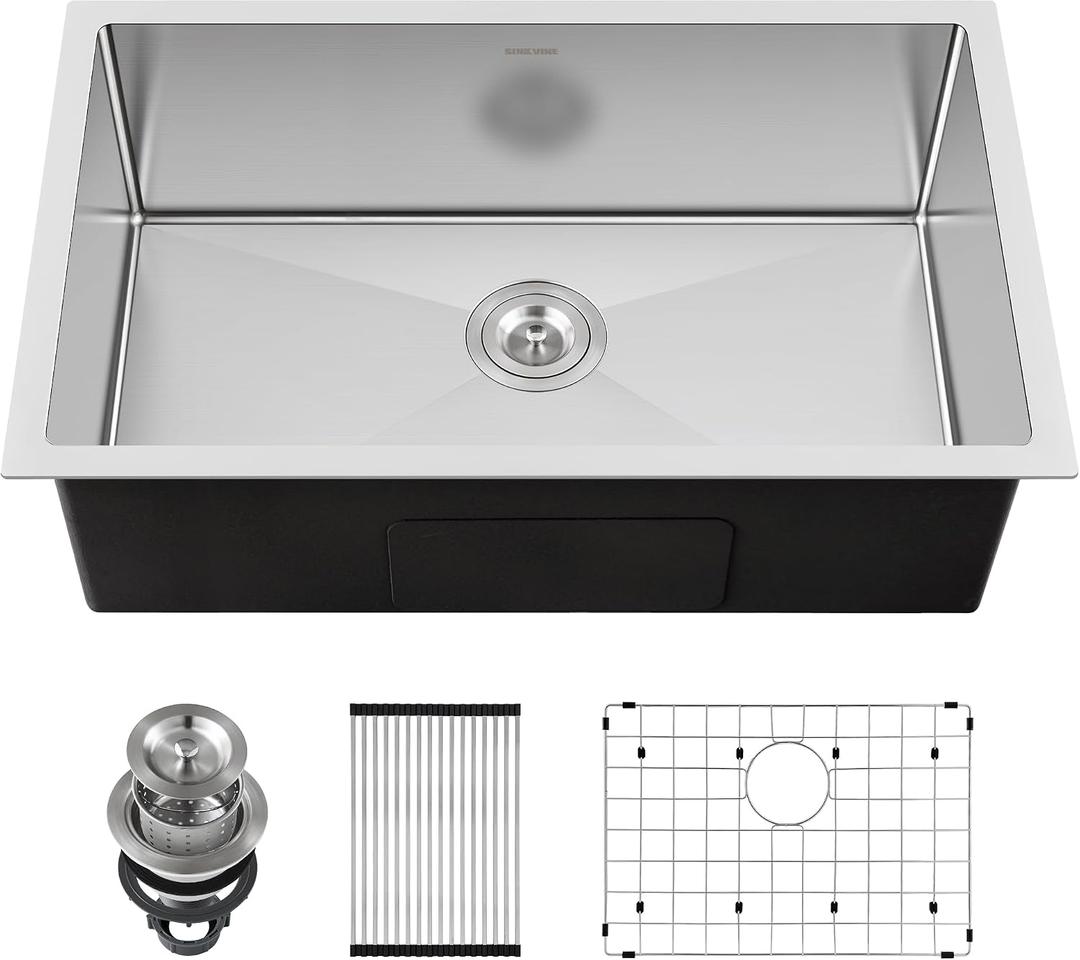33-inch Undermount Kitchen Sink - SINKVINE Single Bowl Stainless Steel Kitchen Sink, Large Size Handmade Basin with 3.5-inch Drain Strainer, Bottom Grid Protector, Roll-up Drying Unit, 33" x 19" x 9"