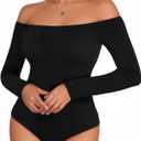 MANGOPOP Women's Off The Shoulder Long Sleeve Short Sleeve Bodysuit Sexy Backless Body Suit Tops (Medium)
