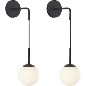 KCO Lighting Frosted White Glass Wall Sconce Set of Two Black Globe Ball Wall Light Adjustable Cord Industrial Vanity Wall Lamp for Bathroom Mirror Bedside Stairs (White)