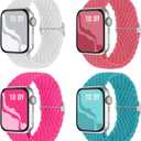 Braided Stretchy Solo Loop Compatible for Apple Watch Band 38mm 40mm 41mm 42mm 44mm 45mm 46mm 49mm for Women Men, Nylon Elastic Straps Wristbands for iWatch Series 10 9 8 7 6 SE 5 4 3 2 Ultra Ultra 2 (HotPink/White/Teal/Peach)
