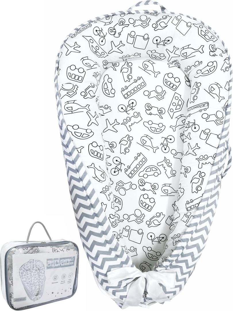 Baby Lounger | Organic Cotton Infant Lounger | Reversible, Adjustable & Portable Floor Lounger |Supervised Use | Soft, Breathable, Washable Cover - Star Collection (Travel Gray)