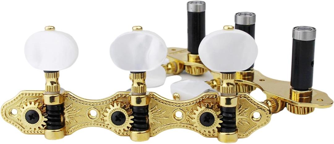 Guyker Classical Guitar Tuners, 1:18 Ratio Open Frame Style Acoustic Guitar Tuning Keys Steel String Pegs Machine Heads 2 Planks (3+3) (Gold, Oval White Jade Button)