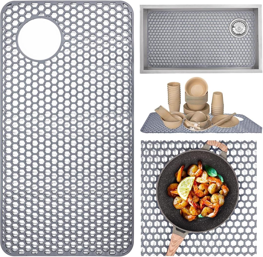 Silicone Sink Protector, 28.3x14.4 Inch Kitchen Mat, Non-Slip Heat Resistant with Drain Hole for Bottom of Farmhouse Porcelain Stainless Steel Sink Pad Gray