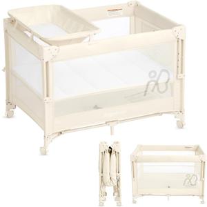ANGELBLISS Baby Bassinet Bedside Crib, Pack and Play with Mattress, Diaper Changer, One-Push Setup Playards from Infants to Toddlers (Beige)