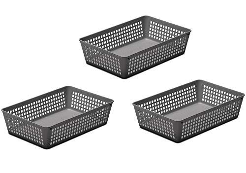 YBM Home 3-Pack Plastic Storage Baskets Bins for Home Junk Drawer, Shelves, and Office Organization, Functional Trays/Containers Great for Kitchen Pantry, Cabinets, Bedrooms, and Bathrooms, Grey