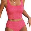 ZAFUL Womens Tankini Swimsuits Tummy Control Bathing Suits Two Piece Swimsuit Cute Textured Swim Top with High Waisted Bottom Swimwear 2025 Pink X-Large