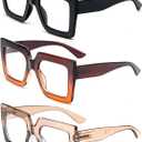 REAVEE 3 Pack Oversized Reading Glasses for Women Large Frame Extra Wide, Blue Light Blocking Stylish Thick Square Readers