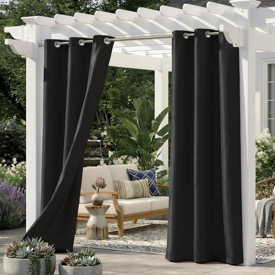 Set of 2 Outdoor Curtains for Patio Waterproof, Breathable Grommet Privacy Panels for Porch, Pergola & Gazebo, Light Filtering, Weatherproof, 37W x 84L Inches, Black
