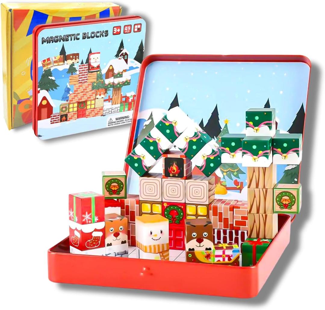 Hqyib Mini Magnetic Blocks - 49 PCS Christmas Magnetic Building Block Travel Toys, Portable Iron Box STEM Educational Magnet Toys for Kids Ages 3-8 Years Old Boys & Girls