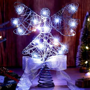 Sumind Angel Christmas Tree Topper with Bow and LED Light String, 9 Inch Lighted Glittered Angel Treetop Xmas Holiday Christmas Decorations Ornament, Not Pre-lit (Silver)