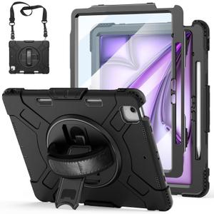 Case for iPad Air 13 Inch M4/M3/M2 (2026/2025/2024): Silicone Shockproof Case with Screen Protector - Stand - Handle - Shoulder Strap - Pen Holder- Black