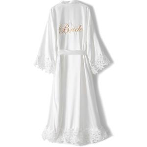 VOGUEMAX Womens Long Bride Bridesmaid Robe Lace Trim Sleepwear Getting Ready of Wedding Silky Kimono Robe (White)