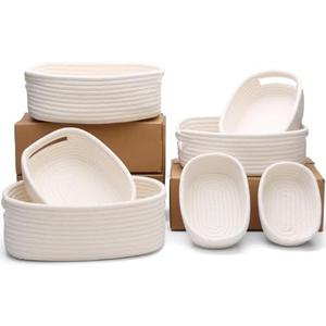 HLWDFLZ 7 Piece Cotton Rope Woven Basket Set - Small Basket for Baby Nursery, Pets, Montessori, Dog & Cat Toy Boxes, Bathroom Organization Bins (White)