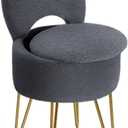 GREENSTELL Small Vanity Stool Chair with Storage and Folding Back, 13" x 13" x 17.7" Faux Fur Soft Ottoman for Teenager, 4 Metal Legs with Anti-Slip Feet, Furry Padded Seat for Makeup, Bedroom, Grey