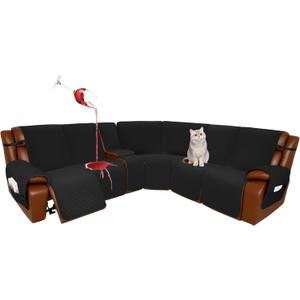 Velvet 1OO% Waterproof Reclining Sectional Couch Covers for Sectional Sofa L Shape 8-Piece Quilted Corner Recliner Sofa Cover Slipcovers Set Washable (5 Seater with 1 Console, Black)