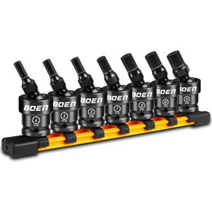 boen 3/8" Drive Universal Hex Bit Socket Set, 7-Piece Metric Impact Swivel Allen Bit Sockets, 360 Rotation Flexible Wobble Hex Bit Driver Socket Set, With Storage Rail, CR-MO Steel