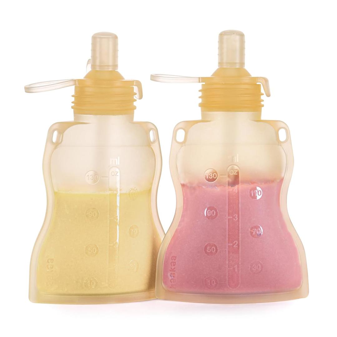 haakaa Pouch Reusable Baby Food Pouch, Reusable Pouches for Toddlers Kids Squeezable Pouch, Washable Freezer - Make Homemade Organic Food for Babies/Toddlers, 4oz, 2 Pack (Yellow)