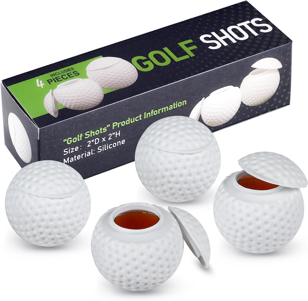 KOLUTI 4 Pack Silicone 1.5oz Golf Ball Shot Glasses, Small Funny Juice Drinking Golf Ball Shaped Shot Glass with Lid, Golf Birthday Festival Themed Gifts Set for Men Golfers, White