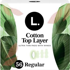 L. Ultra Thin Pads for Women, Regular Absorbency, Organic Cotton Top Layer, Unscented Pads with Wings, 56 CT