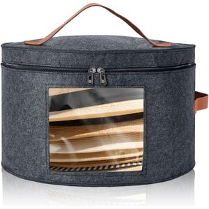 Round Hat Box, Stackable Felt Hat Boxes for Women Storage, Foldable Premium Hat Travel Case with Dustproof Lid, Space Saving Hat Organizer (Grey)