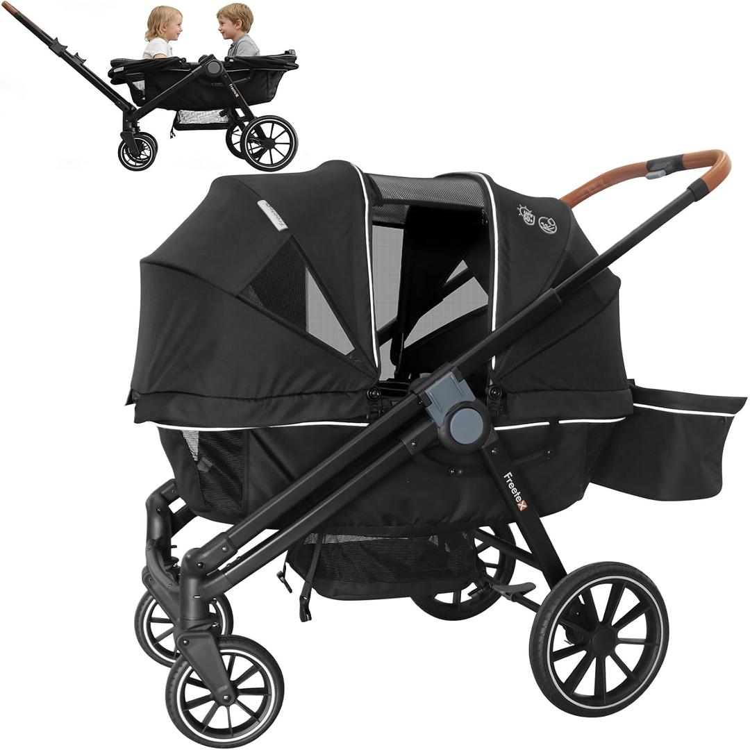 Wagon Stroller for 2 Kids, Double Seat, All-Terrain with Removable UV-Protection Canopy, Adjustable Push/Pull Handle, Cup Holders & Snack Tray for Baby and Toddler