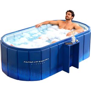 Portable Bathtub for Adult 59" Large Collapsible Cold Plunge Bathtub Foldable No Installation Ice Bath Tub for Shower Stall, Bathroom Hot SPA Soaking Standing Tub (OD 59''Lx42.5''Wx19.7''H,ID 59''Lx24.4''Wx19.7''H, Blue With Storage Rack)