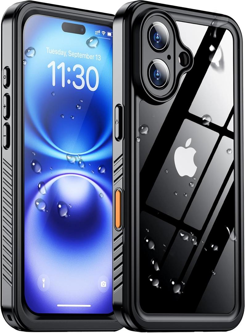 Temdan Compatible with iPhone 16 Case Waterproof, Built-in Screen & Camera Protector IP68 Underwater Full Body 16FT Military Dropproof Shockproof Phone Case 6.1"-Black/Clear