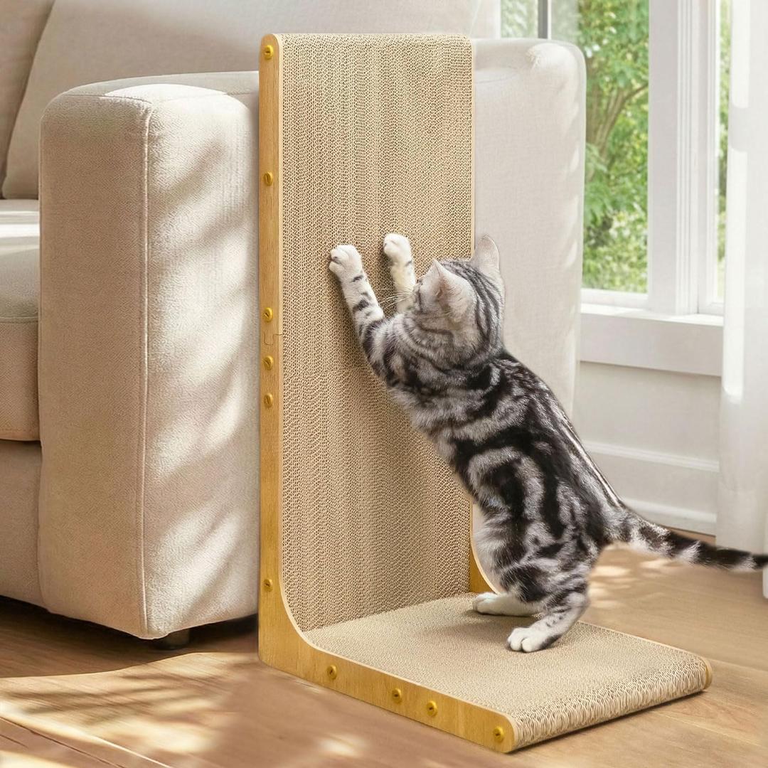 Cardboard Cat Scratcher,26 Inch L Shape Scratch Pad Wall Mounted,Vertical Scratching Board, Durable Cardboard to Protect Furniture for Indoor Cats,Wood Grain Junbo