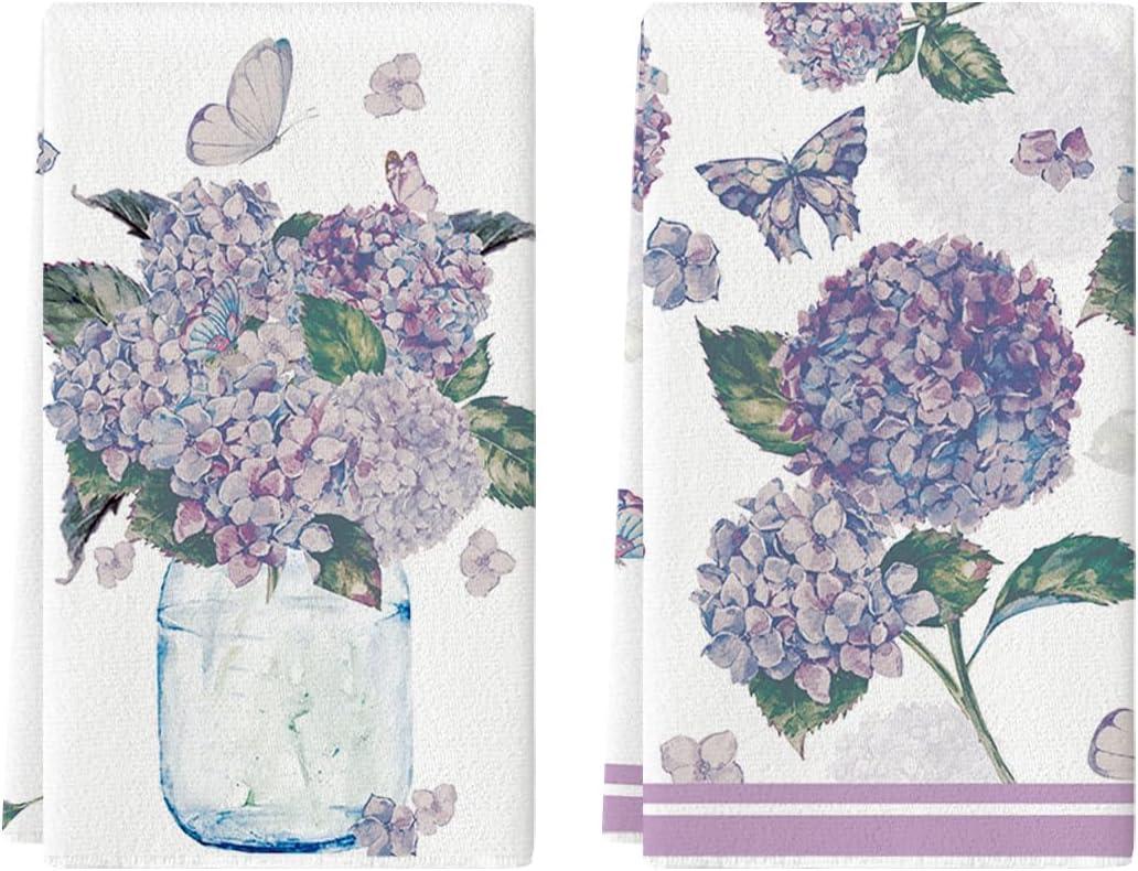 Artoid Mode Purple Hydrangea Vase Butterfly Spring Kitchen Towels Dish Towels, 18x26 Inch Summer Flowers Holiday Decoration Cleaning Set of 2