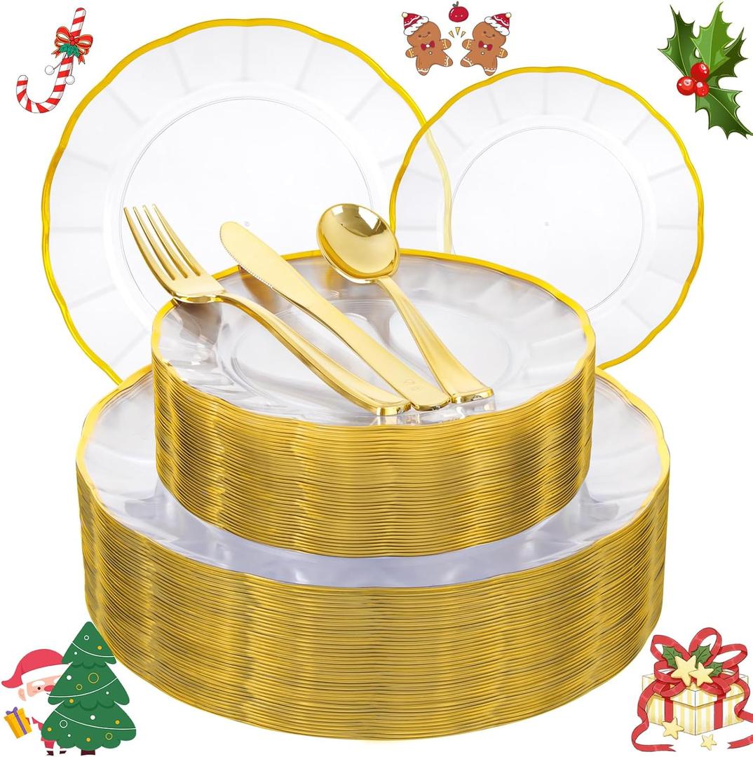 EI 150pcs Clear Plastic Plates with Gold Plastic Silverware,Disposable Plate Heavy Duty,Clear and Gold Dinnerware Set,Elegant Plates for Party,Wedding,Thanksgiving,Christmas,New Year