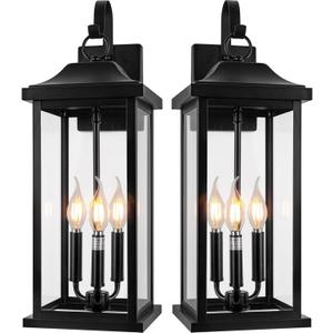 2-Pack 23" Extra Large Outdoor Wall Lights Candelabra 3-Light, IP65 Waterproof Exterior Lights with Clear Glass Front Porch Lanterns Outdoor Wall Sconce Lighting Outside Coach Lights, E12 (Matte Black)