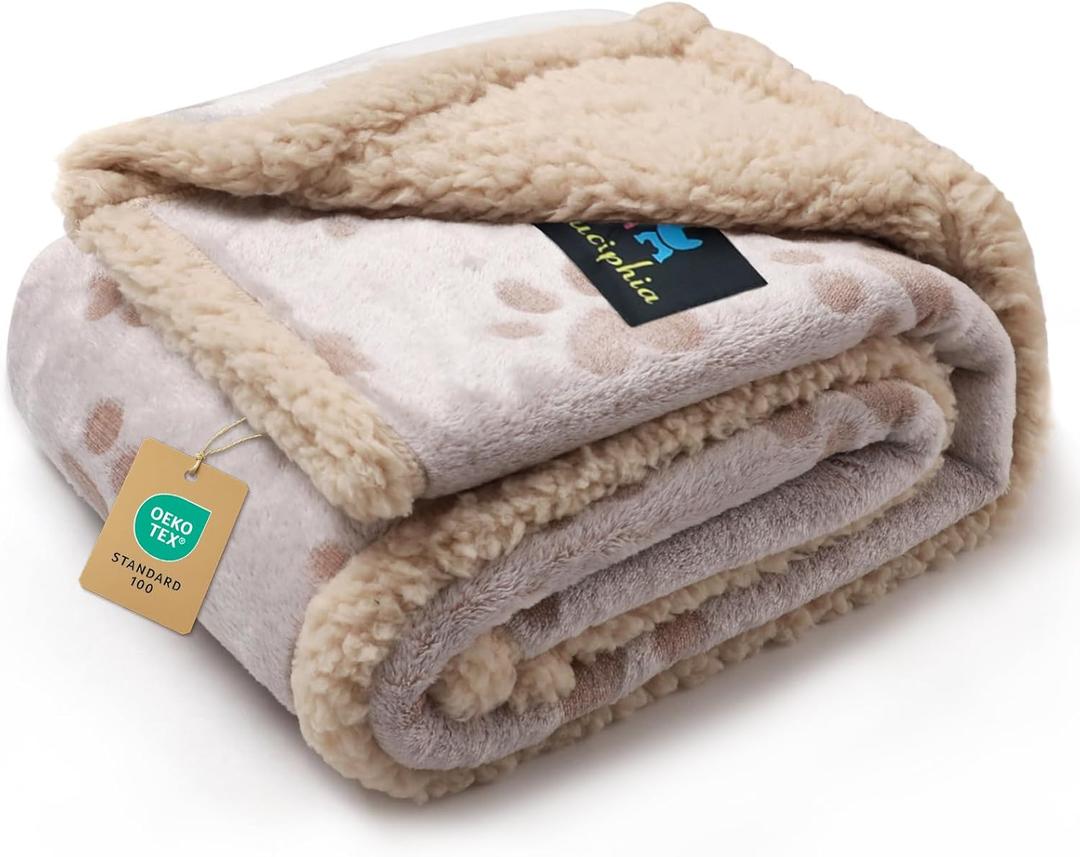 Luciphia Waterproof Pet Blankets Whith Paw Print for Couch Sofa Bed Cover, Liquid Pee Proof Soft Fluffy Dog Blanket Washable, Reversible Furniture Protection Puppy Cat, Khaki, Small40" x 28"