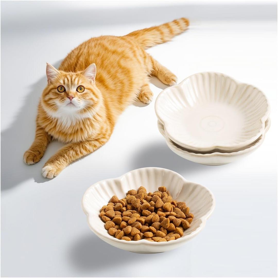 Cat Food Bowls, Ceramic Cat Plates, Dish for Food, Water and Snack, 4.72 Inch, Indoor and Outdoor Use, Kitten Puppy and Small Animals Bowls Set of 3 (White)