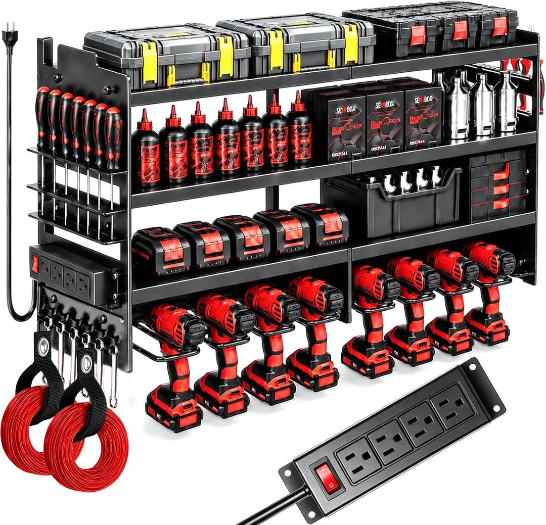 Large Power Tool Organizer Wall Mount with Charging Station, 49.5"D x 10"W x 4"H