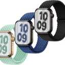 Braided Stretchy Strap Compatible with Kids Apple Watch Band Series 11/10/9/8/7/6/5/4/3/2/1 SE3/2/1 38mm 40mm 41mm 42mm 44mm 45mm 46mm, iWatch Sport Elastic Replacement Bands Boy Girl Small Wrist (Black+NavyBlue+Teal)