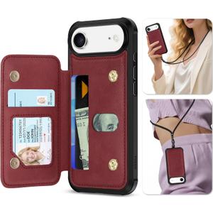 TUCCH Card Case Wallet for iPhone Air (6.5-inch) 2025, RFID Blocking 3 Card Slots, Crossbody Lanyard Strap, Clear ID Window, Undetachable Wallet, Magnetic, PU Leather Shockproof Phone Cover, Dark Red