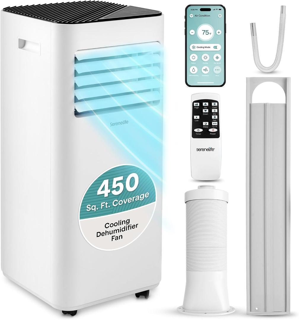 SereneLife Small Air Conditioner Portable 10,000 BTU with Built-in Dehumidifier - Portable AC unit for rooms up to 450 sq ft - WiFi app + Remote Control, Window Mount Exhaust Kit