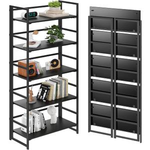 BHG Vintage Multifunctional Folding Bookshelf, No-Assembly Plant Stand Storage Rack Shelves for Home Office (All Black, 5-Tier)