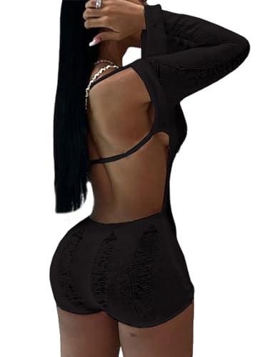 Tinodu Sexy Long Sleeve Y2K Romper for Women Backless Hollow Out Bodycon Short Jumpsuit Knitted Off Shoulder Party Club Night (S, Black)