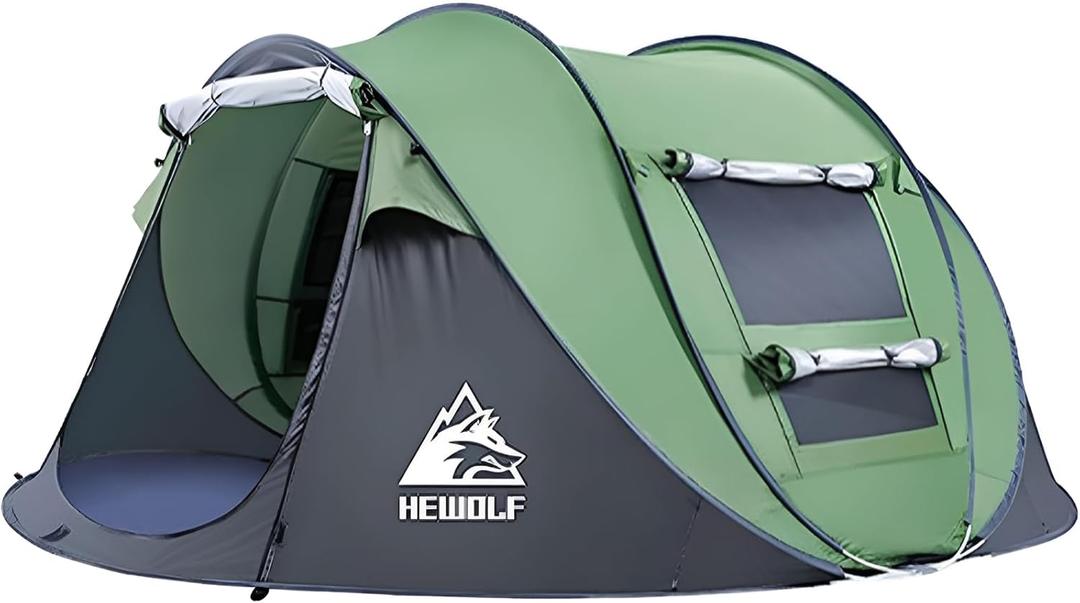HEWOLF 3-4 Person Pop Up Tents for Camping Easy Set Up Pop Up Tent Waterproof Portable Tent Automatic Setup with 2 Bigs Doors Family Tents for Hiking (Green)