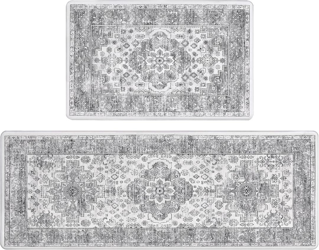 Pauwer Anti Fatigue Kitchen Mat Set of 2 Non Slip Kitchen Mats for Floor Cushioned Kitchen Rugs Comfort Standing Mat Farmhouse Waterproof PVC Foam Kitchen Floor Mat Runner (17"x28"+17"x48"--0.4", Vintage Grey)