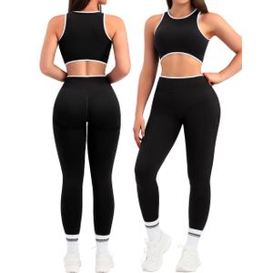 Relety Womens Workout Sets 2 Piece Seamless Crop Tank Top High Waist Leggings Contrast Trim Padded Racerback Bra Yoga Outfits, M
