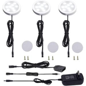 AIBOO 12V LED Under Cabinet Lighting Kit 3 Packs Slim Aluminum Puck Lights with 2-Way Switch All Accessories Included for Counter Closet Lighting 6W (Daylight White)