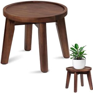 Demigo Indoor Plant Stand, Acacia Wooden Decorative Plant Shelf with SpillProof Tray, Stable 8” Tall Flower Holder for Heavy Pots, Gardening Display for Decor Living Room Patio  Dark Brown
