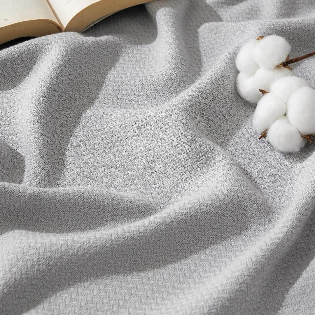 Bedsure GentleSoft 100% Cotton Blanket Queen Size for Bed - Breathable and Lightweight, Soft Cozy Textured Herringbone Woven Blanket for Summer, Grey, 90x90 inches