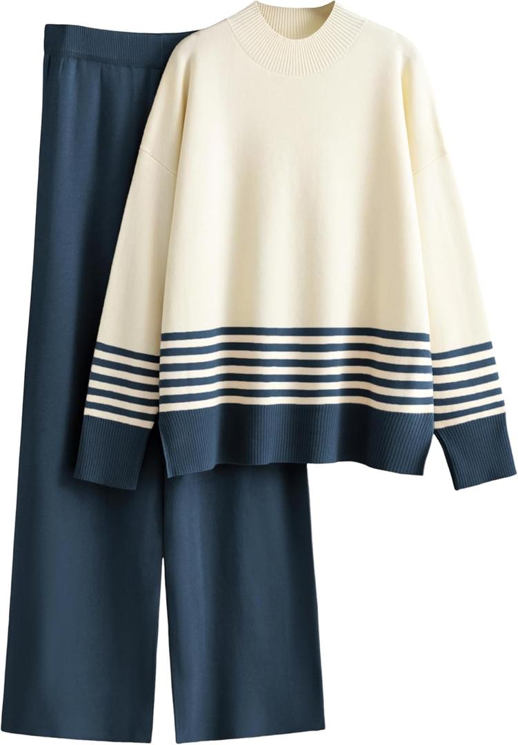 Tanming Women's Lounge Sets 2 Piece Outfits Knitted Pullover Sweater Tops Wide Leg Pants Tracksuit (Medium, Navy)