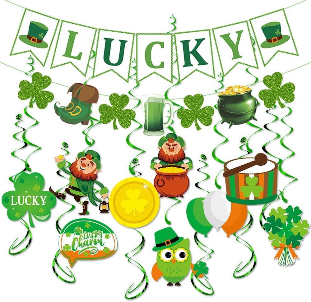 St. Patricks Day Decorations Set- Saint Patricks Day Hanging Swirls, Lucky Green Clover Hanging Banners, Saint Patrick's Day Decor, Shamrock Hanging Ornaments, Irish Party Favors Indoor Outdoor